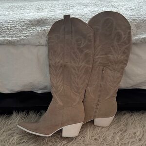 Altar'd State Taupe Embroidered Heeled Boots